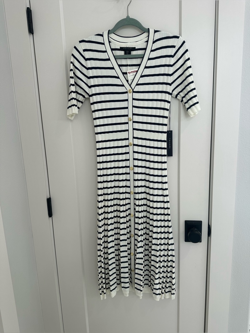 Tahari Navy and White Striped Button-Front Ribbed Midi Dress